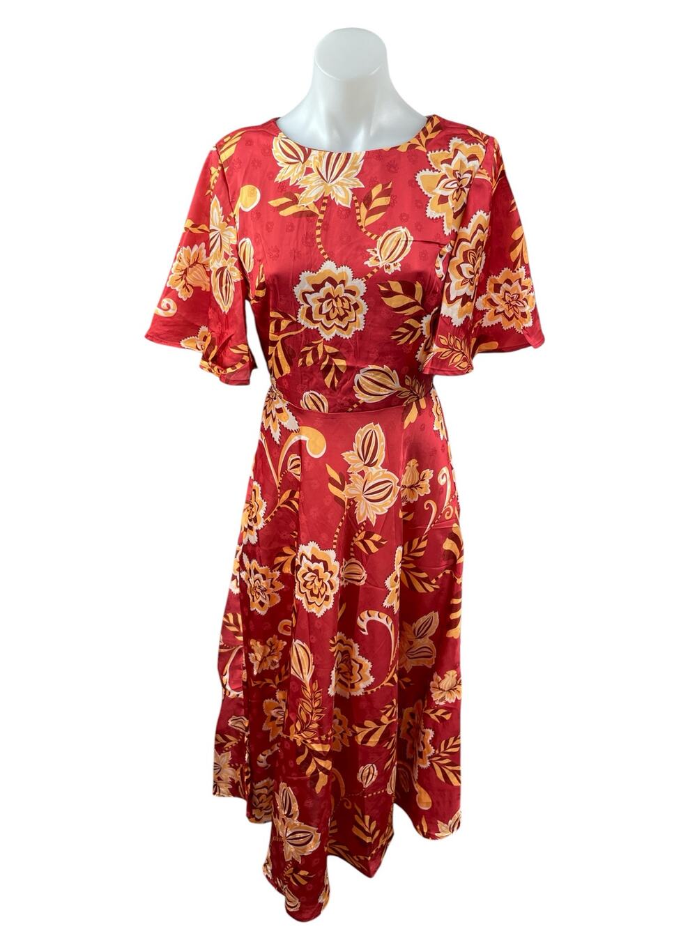 Flying Tomato Red Floral Half Flutter Sleeve Open Back Fit & Flare Midi Dress S